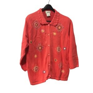 Tabi International Womens Coral Pink‎ Embroidered Cotton Cardigan Sweater Large